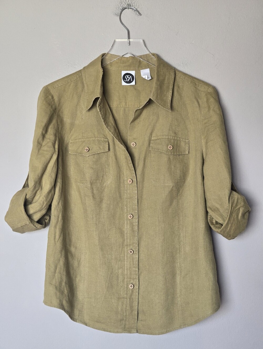 Saks Fifth Avenue Women's Olive Linen Button-Up Shirt & Wide-Leg Pants Set M - Picture 4 of 13
